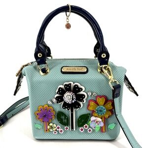 Nicole Lee Floral Handbag Top Handle Crossbody Beaded Sequin Blue Artsy Colorful